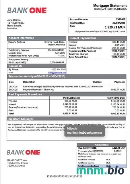 Mauritius Bank One Limited wyciąg z kredytu hipotecznego szablon Word i PDF